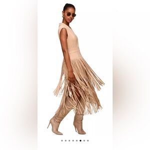 Avec Les Filles Beige Fringe Midi Dress